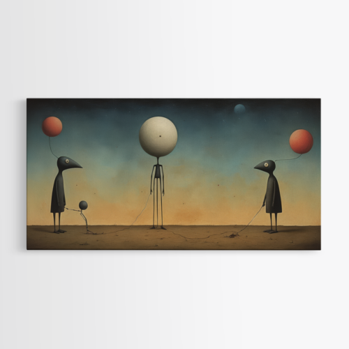 Σουρεαλιστικό τοπίο με τρία φανταστικά όντα και μπαλόνια