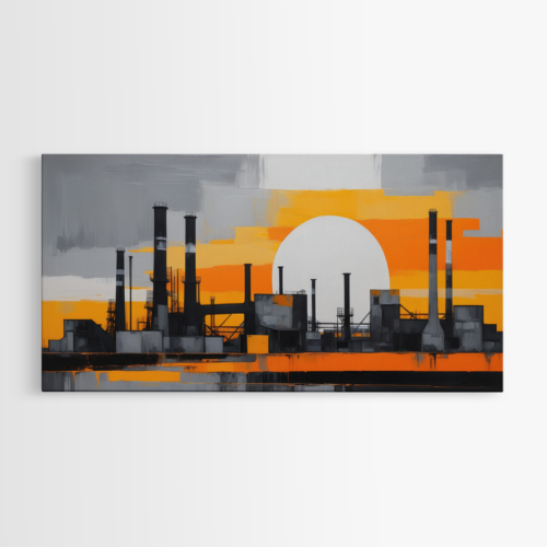 Βιομηχανικό τοπίο με πορτοκαλί ηλιοβασίλεμα