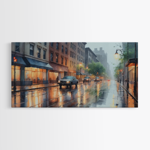 Βροχερός δρόμος σε αστική περιοχή με νυχτερινό φωτισμό