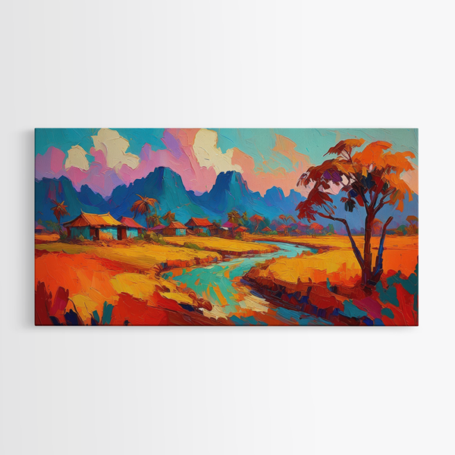 Χωριό Δίπλα στο Ποτάμι με Φόντο τα Βουνά