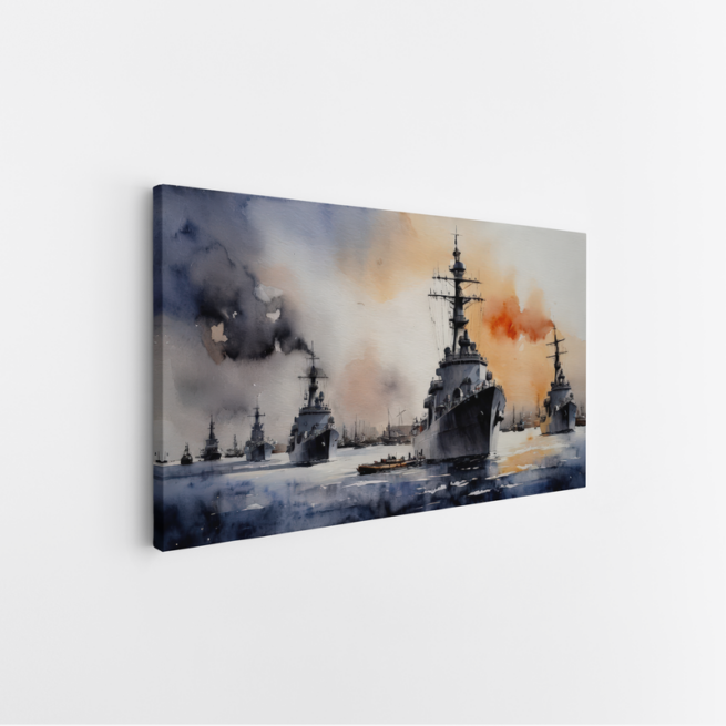 Πολεμικά πλοία σε ναυμαχία με δραματικό ουρανό