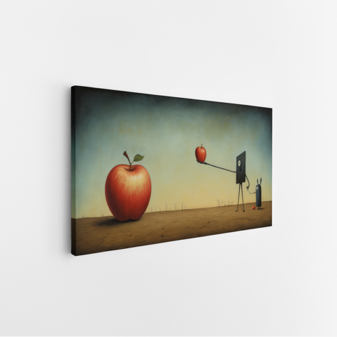 Σουρεαλιστική σκηνή με φιγούρες και μεγάλα μήλα σε έρημο τοπίο