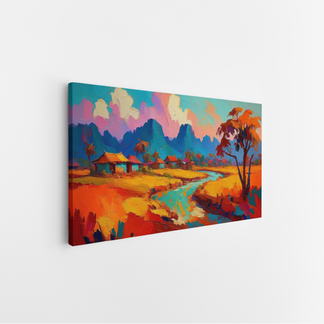 Χωριό Δίπλα στο Ποτάμι με Φόντο τα Βουνά