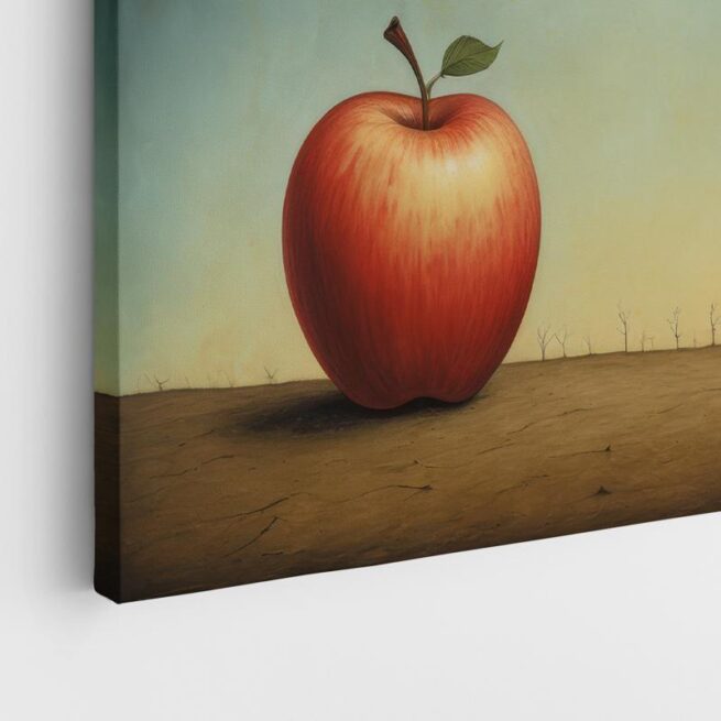 Σουρεαλιστική σκηνή με φιγούρες και μεγάλα μήλα σε έρημο τοπίο