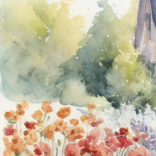 Γραφικό σπίτι σε κήπο γεμάτο λουλούδια