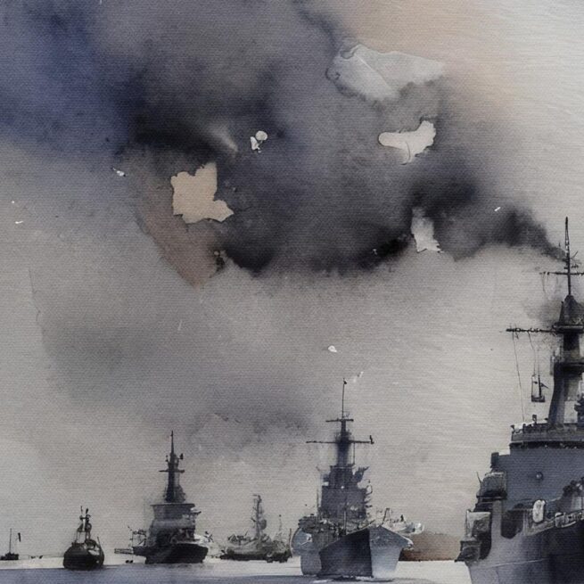 Πολεμικά πλοία σε ναυμαχία με δραματικό ουρανό