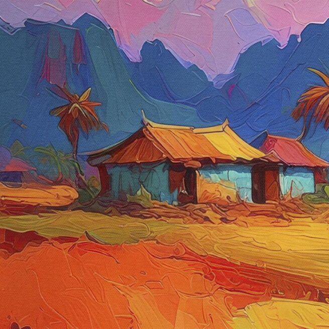 Χωριό Δίπλα στο Ποτάμι με Φόντο τα Βουνά