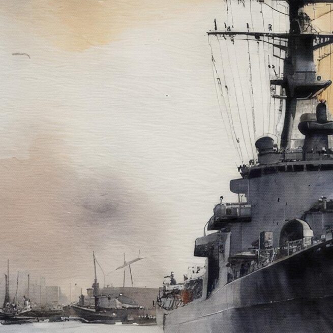 Πολεμικά πλοία σε ναυμαχία με δραματικό ουρανό