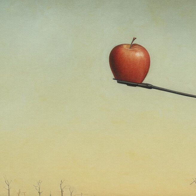 Σουρεαλιστική σκηνή με φιγούρες και μεγάλα μήλα σε έρημο τοπίο