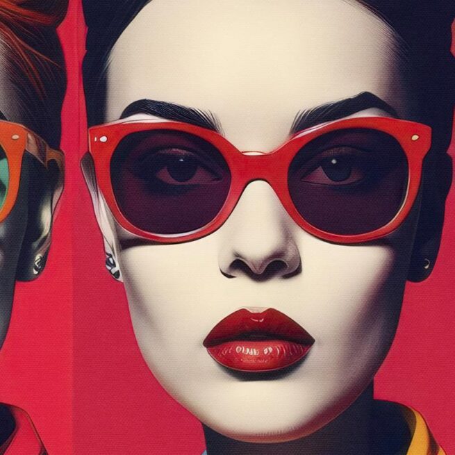 Πορτραίτα μοντέρνας γυναίκας με πολύχρωμα γυαλιά και ρετρό στυλ