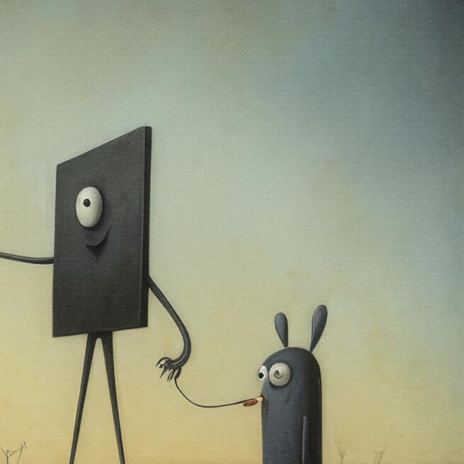 Σουρεαλιστική σκηνή με φιγούρες και μεγάλα μήλα σε έρημο τοπίο